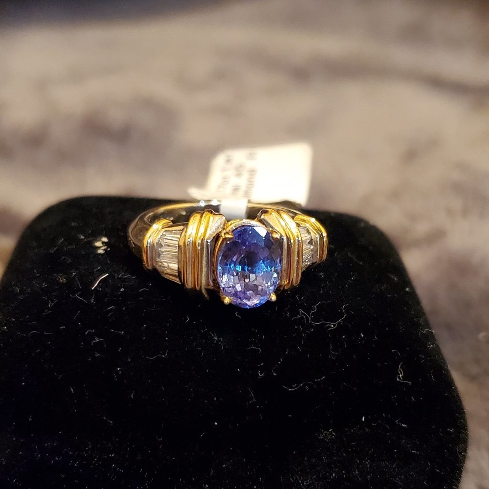 14K yellow gold & white gold RING, 2.17 ct Tanzanite & .45 ct Diamond,Sz 7, NWOT